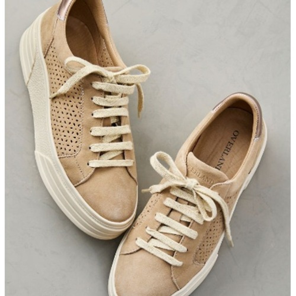 Overland Keri Tan Suede Perforated Platform Sneakers Rose Gold Accents Size 36